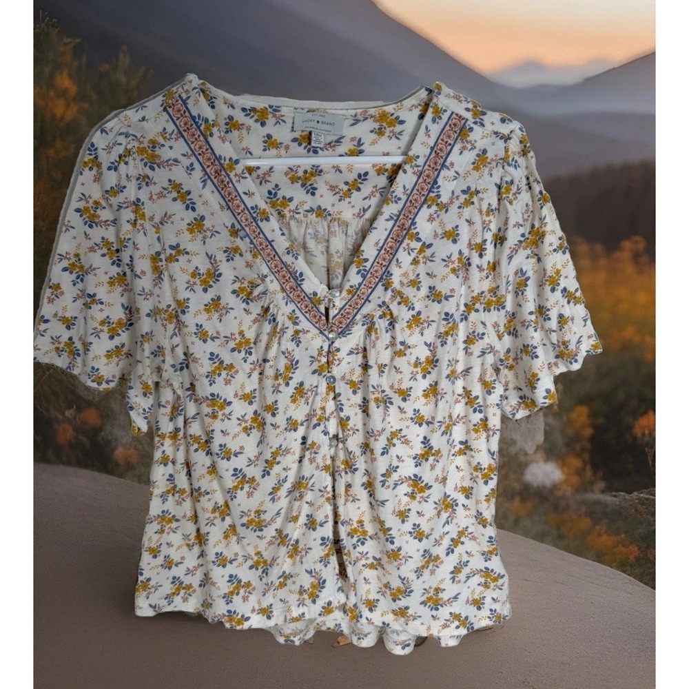 Lucky Brand Top Womens Ivory Floral Sz Medium Short Sleeve Prairie Boho Cottage
